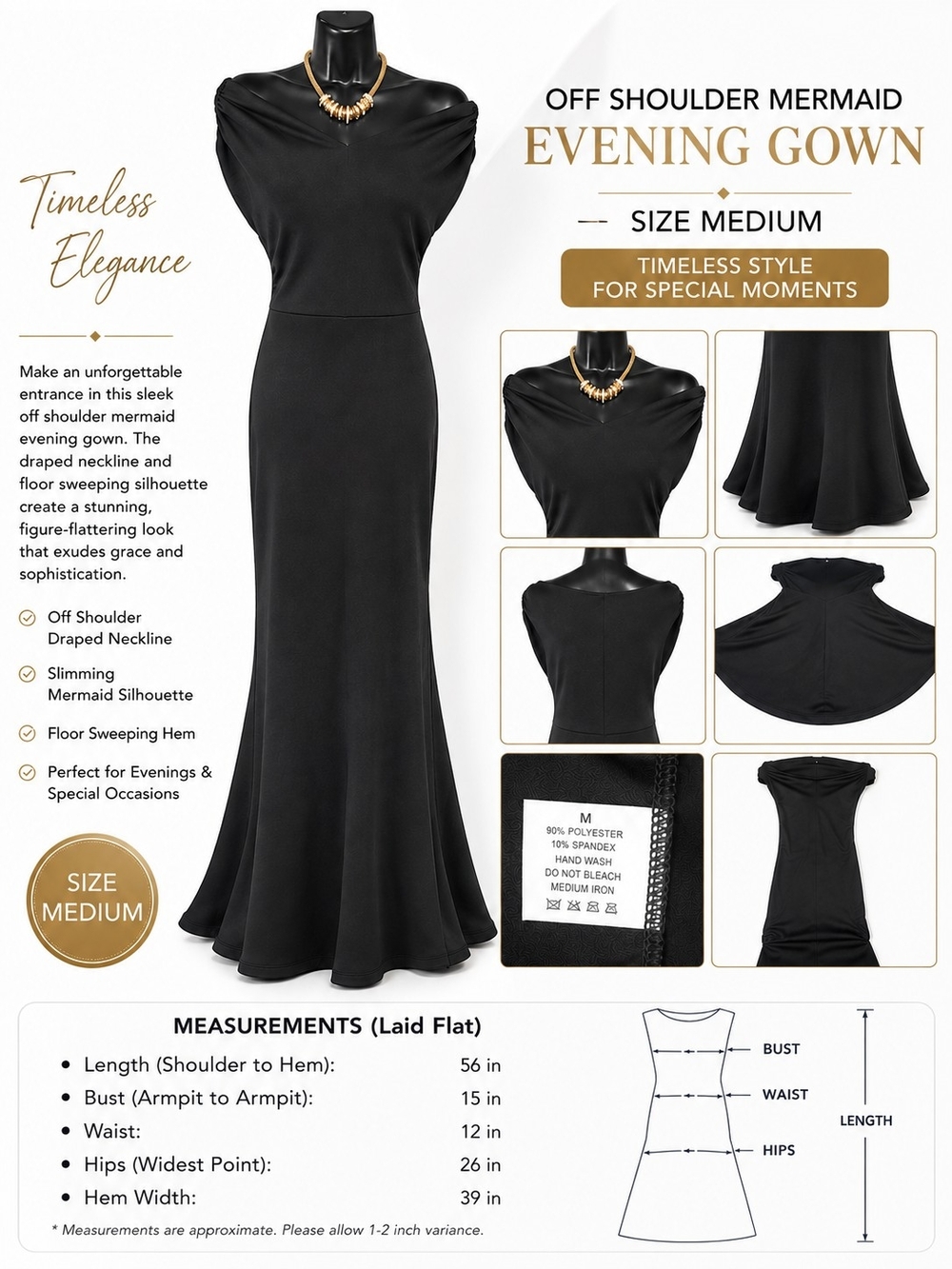 Off-Shoulder Black Mermaid Evening Gown - Elegant Formal Dress SIZE MED